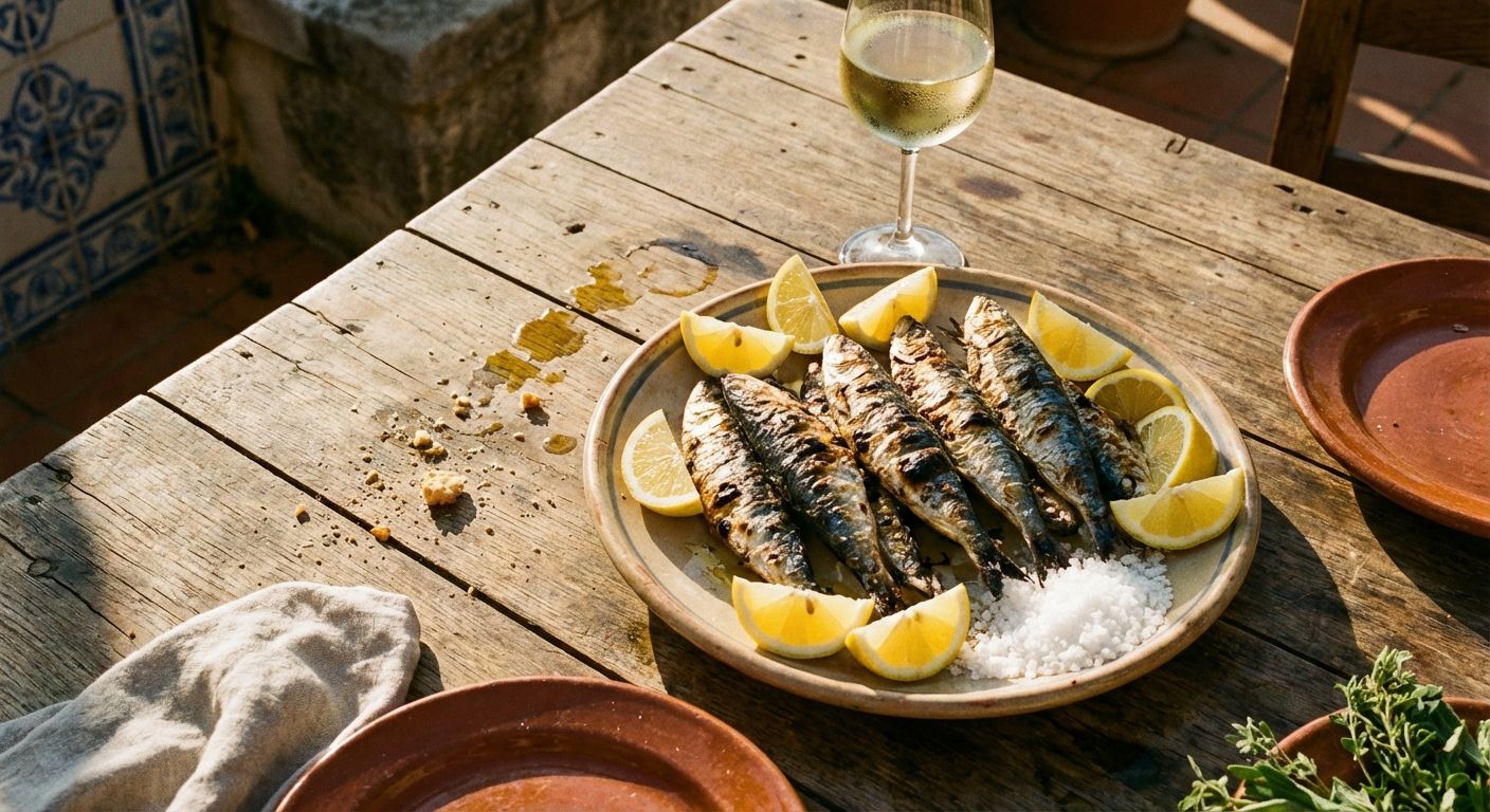 A top-down photograph of a rustic wooden table featuring a platter of charred, grilled sardines served with lemon wedges and coarse sea salt. The scene is bathed in warm, golden Mediterranean sunlight, with a chilled glass of white wine in the background, creating an inviting and authentic Portuguese dining atmosphere.