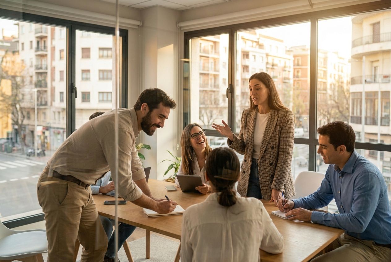 A dynamic, candid photograph of several diverse Spanish professionals engaged in a lively discussion around a table in a modern, stylish office, bathed in warm natural light. One person gestures expressively while others listen attentively and take notes, capturing the essence of teamwork and professional interaction in a 3:2 landscape frame.