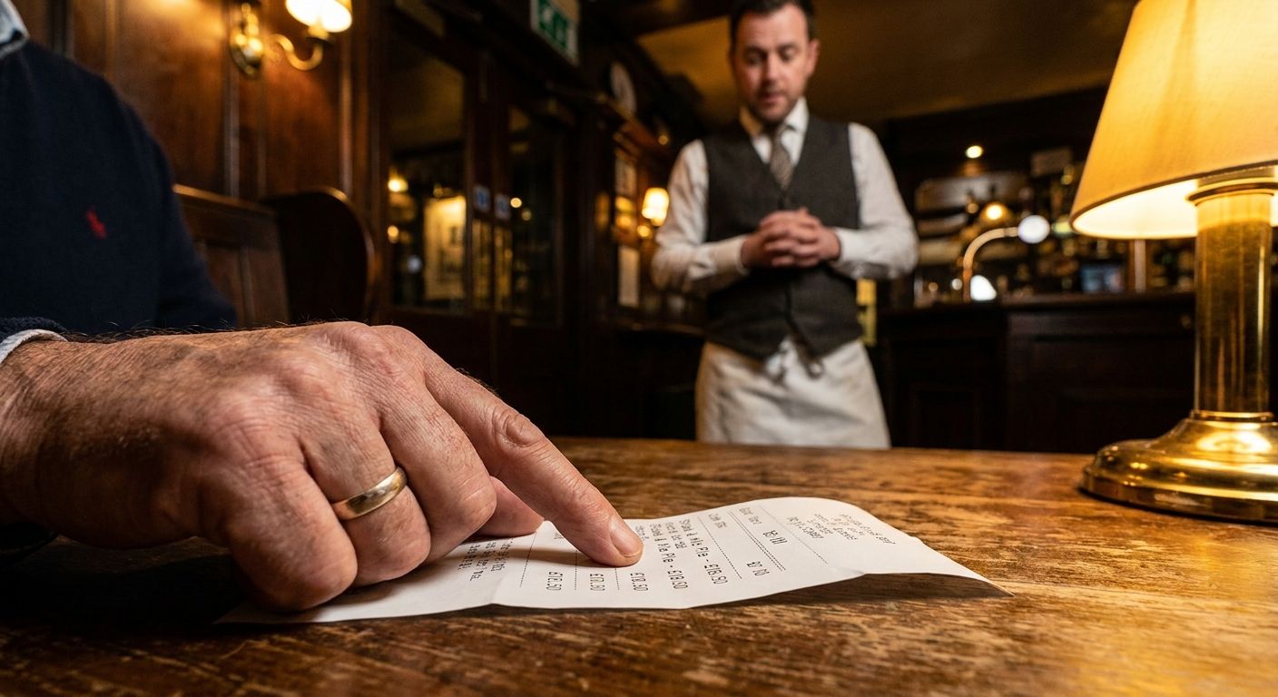 A dramatic close-up photograph of a customer's hand gently but firmly pointing to a specific line item on a restaurant bill, which is spread out on a dark wooden table. In the background, slightly out of focus, a waiter stands attentively, ready to address the concern, all within a cozy, traditionally decorated British pub or restaurant with warm, inviting lighting.