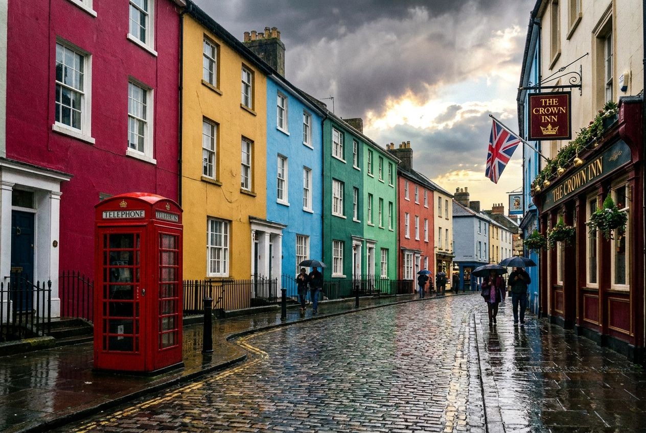 A vibrant street scene in a historic British town, featuring a row of colorful terraced houses and a classic red telephone box. The image should be a dramatic photograph, capturing the architectural details and the unique British atmosphere, composed for a 3:2 landscape frame.