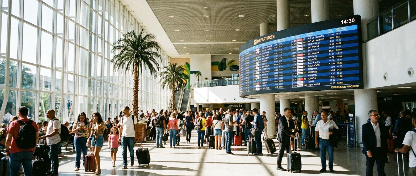 A wide-angle, vibrant photograph of a bustling, modern airport terminal in a large Brazilian city, with sunlight streaming through large windows. Diverse passengers move with luggage, and a prominent, sleek digital departure board is visible in the background, conveying a sense of anticipation and travel.