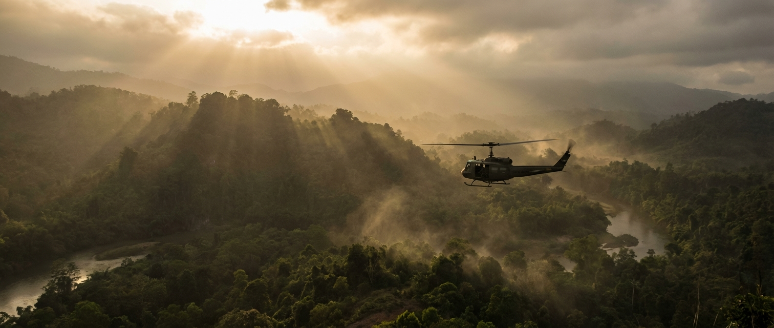 A dramatic, wide-angle photograph captures a powerful US military helicopter flying low and fast over the dense, misty canopy of a vast Vietnamese jungle. Golden hour light filters through the humid air, casting long shadows and creating an intense, foreboding atmosphere, emphasizing the scale of the landscape against the machinery of war.