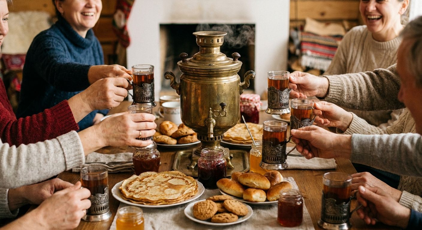 A close-up, warm-toned photograph captures multiple hands reaching for teacups and pastries arranged around a traditional Russian samovar, steam gently rising, set against a cozy, softly lit interior, conveying shared activity and conversation.