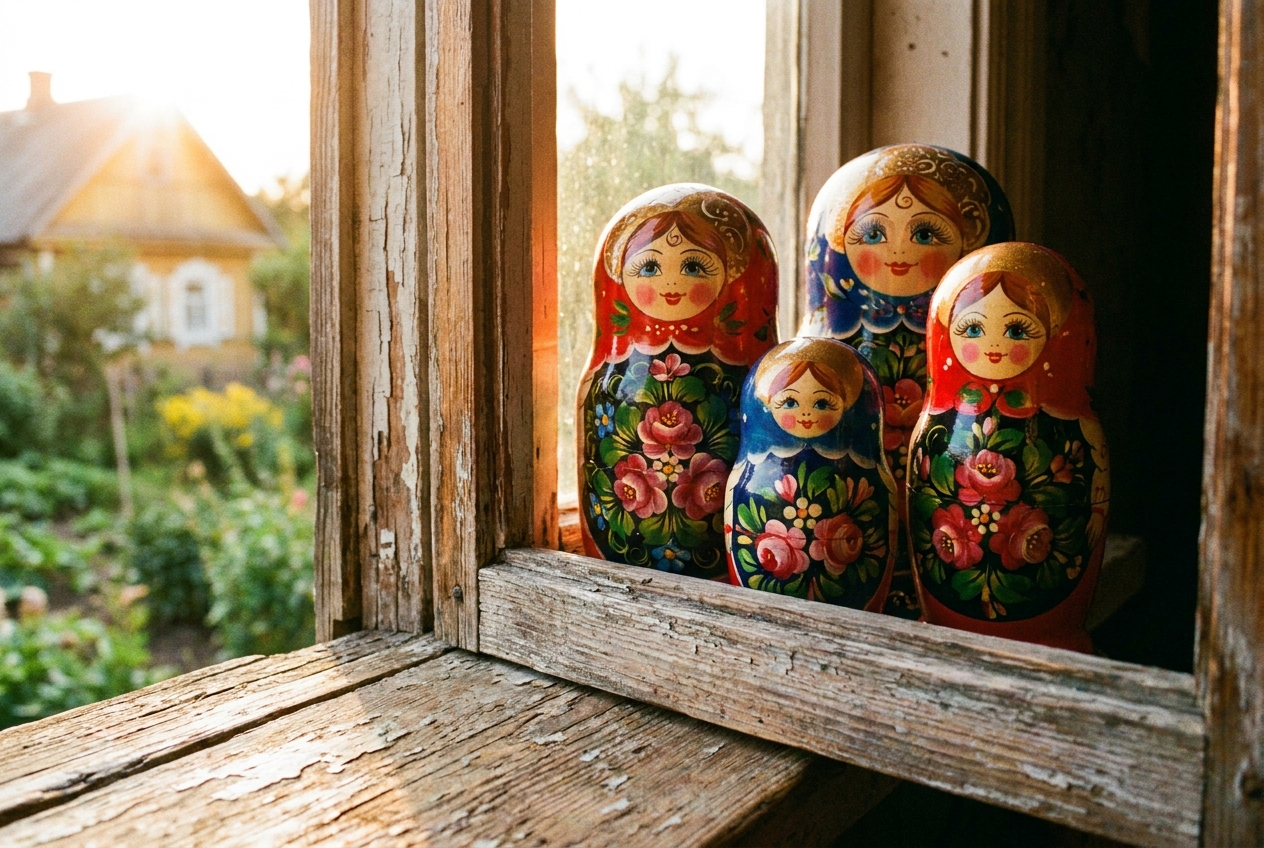 A close-up photograph captures a collection of vividly painted, traditional matryoshka dolls arranged on a rustic wooden windowsill. Warm, golden hour light streams through the window, illuminating their intricate details and vibrant colors in a cozy, inviting scene, composed for a 3:2 landscape frame.