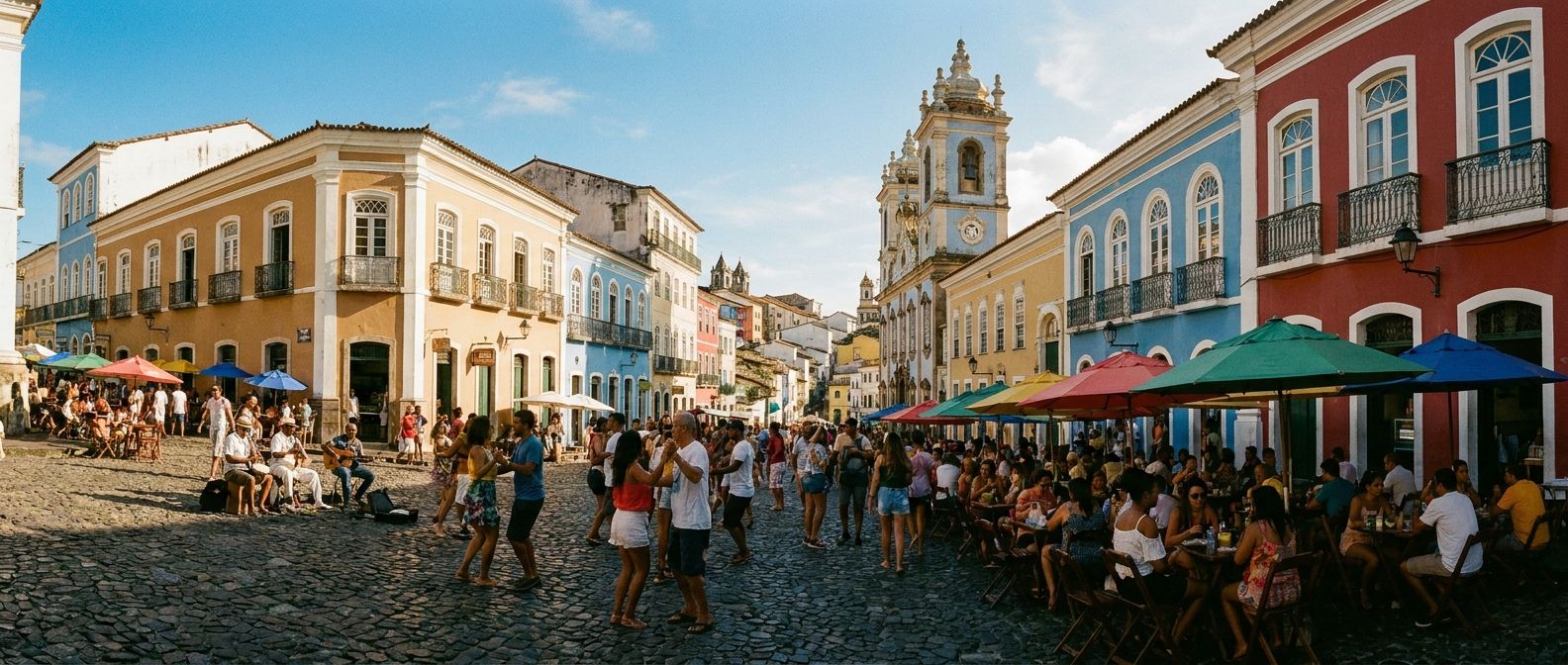 A striking wide-angle photograph of a vibrant, sun-drenched street in a historic Brazilian city like Salvador or Olinda, bustling with people enjoying outdoor cafes and street performers. In the background, a beautiful colonial church tower stands tall, its clock face subtly visible, evoking the energy of "da tarde".