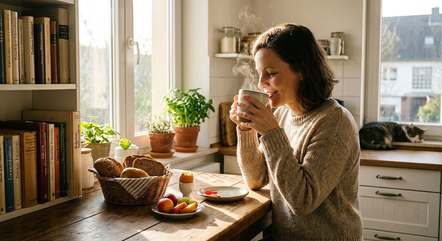 A candid photograph of a woman in her 30s-40s enjoying a peaceful morning coffee and a light breakfast in a sun-drenched, tidy German kitchen. Golden hour light streams through a window, illuminating steam rising from her coffee cup and highlighting a basket of fresh German bread on a clean wooden counter, conveying a sense of calm routine and domestic warmth.