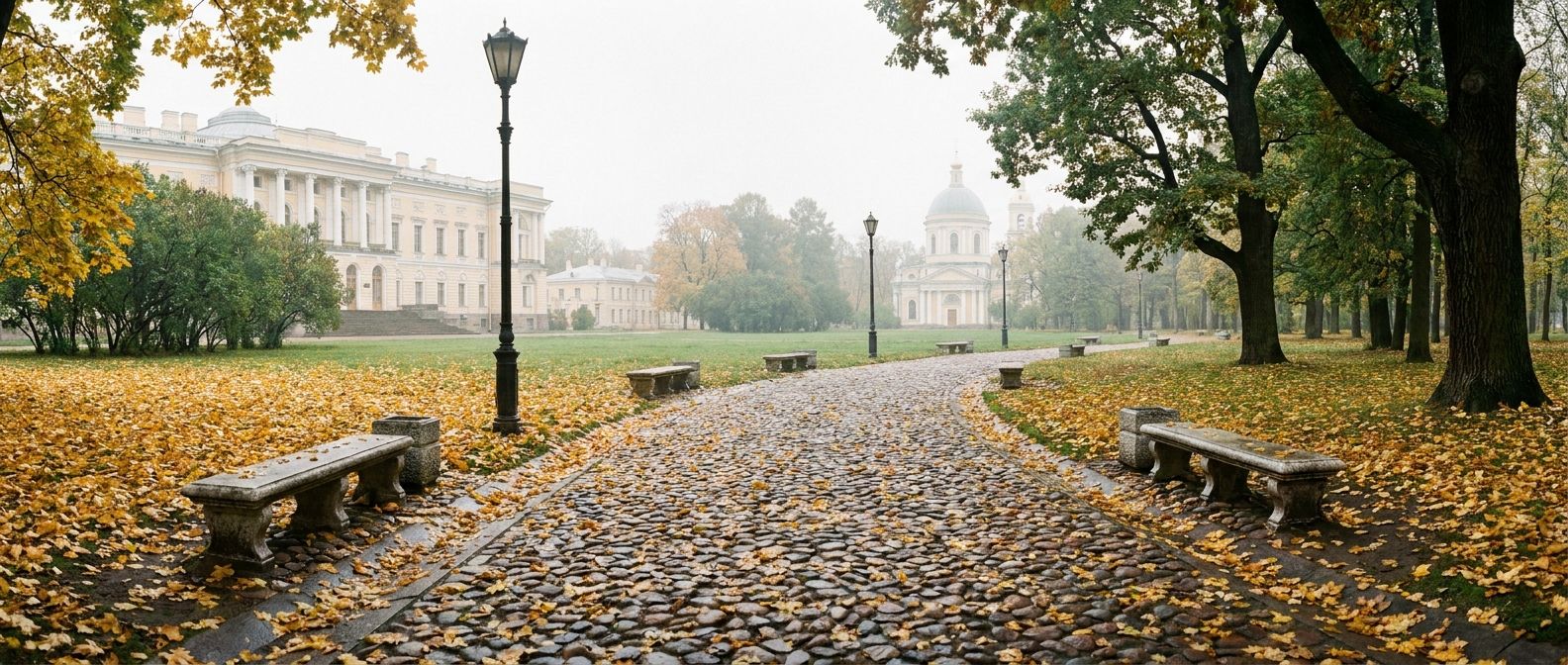 A wide-angle photograph of a winding cobblestone path, covered in scattered golden autumn leaves, through a historic park in a Russian city. The path gently curves into the distance, framed by elegant park benches and glimpses of classical architecture, under soft, diffused light, evoking a sense of unfolding time and journey.