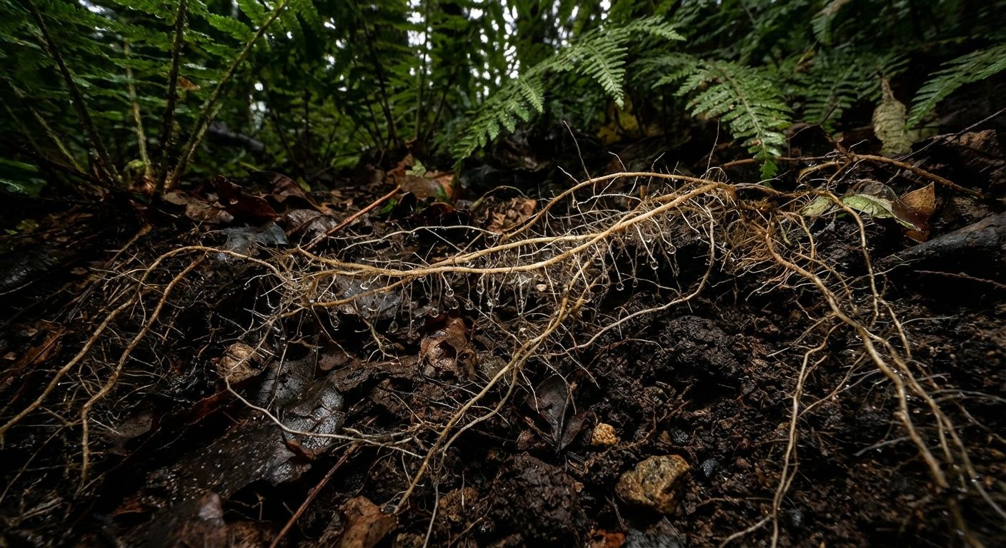 A dramatic, wide-angle macro photograph of a vibrant, intricate plant root system deeply embedded in dark, moist soil. Glistening water droplets cling to delicate root hairs, suggesting active absorption and unseen exchange of substances.