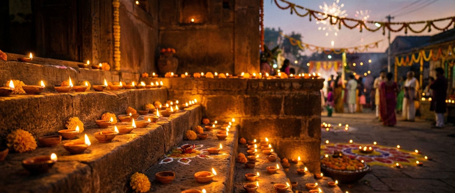 A warm, atmospheric photograph of numerous glowing traditional clay oil lamps (diyas) arranged artfully on steps or a low wall, casting soft, rich golden light during the Hindu festival of Diwali. The scene is composed for a wide, horizontal frame, emphasizing the victory of light over darkness, with a subtle festive blur in the background.