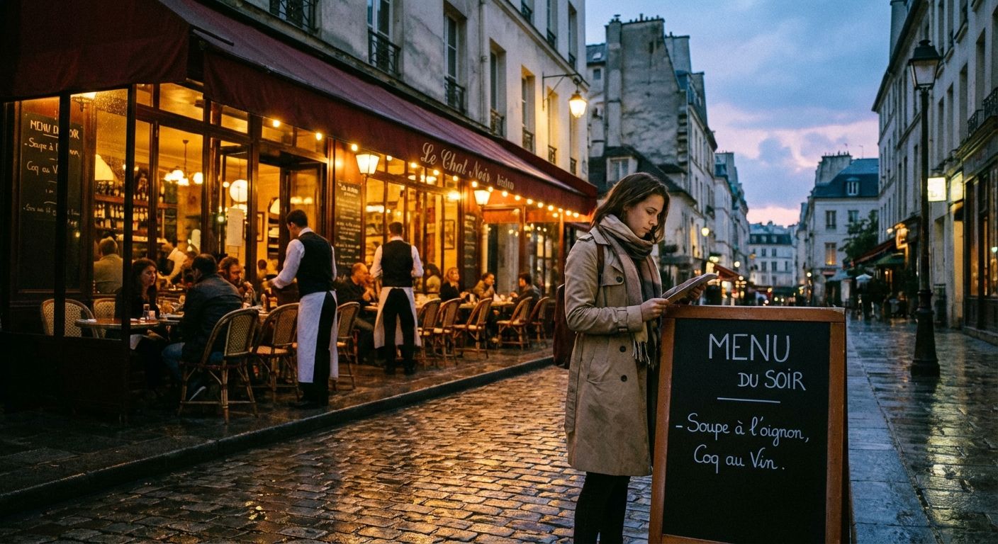 This is a street scene in a European city, likely Paris, at dusk, with a cinematic and slightly desaturated style. A woman in a trench coat and scarf stands in the foreground, looking at a menu board for a bistro. The bistro, named "Le Chat Noir," has a red awning and warm lighting emanating from its large windows, creating a cozy atmosphere. Patrons are seated at tables inside and on the sidewalk. The street is cobblestone, reflecting the warm light from the bistro and street lamps. The composition uses leading lines to draw the eye down the street, flanked by buildings in muted tones.