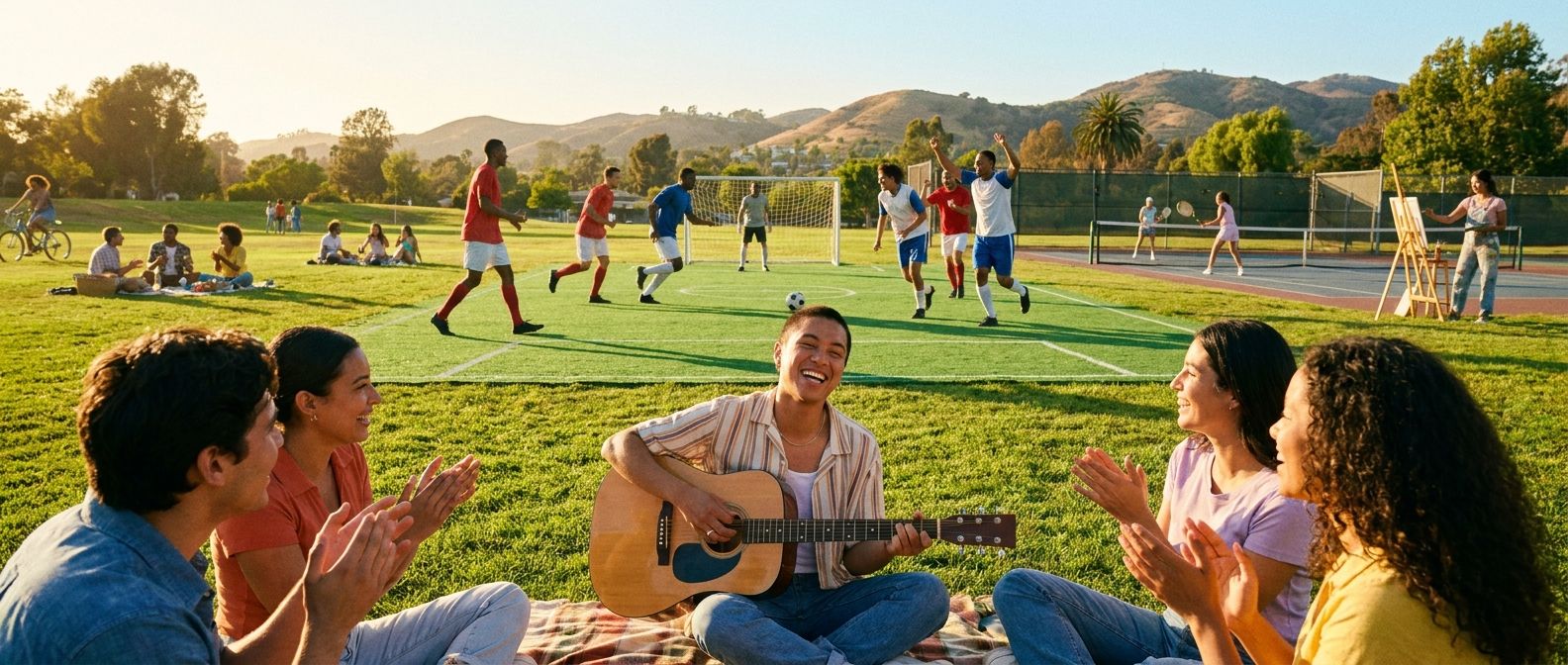 A vibrant, wide-angle photograph of a sun-drenched park on a lively afternoon, filled with diverse leisure activities. In the foreground, a person plays an acoustic guitar with joy, while in the mid-ground, a dynamic game of football unfolds on a green pitch, and in the background, friends play tennis on a court. The scene captures the essence of "play" and hobbies in a natural, engaging way.