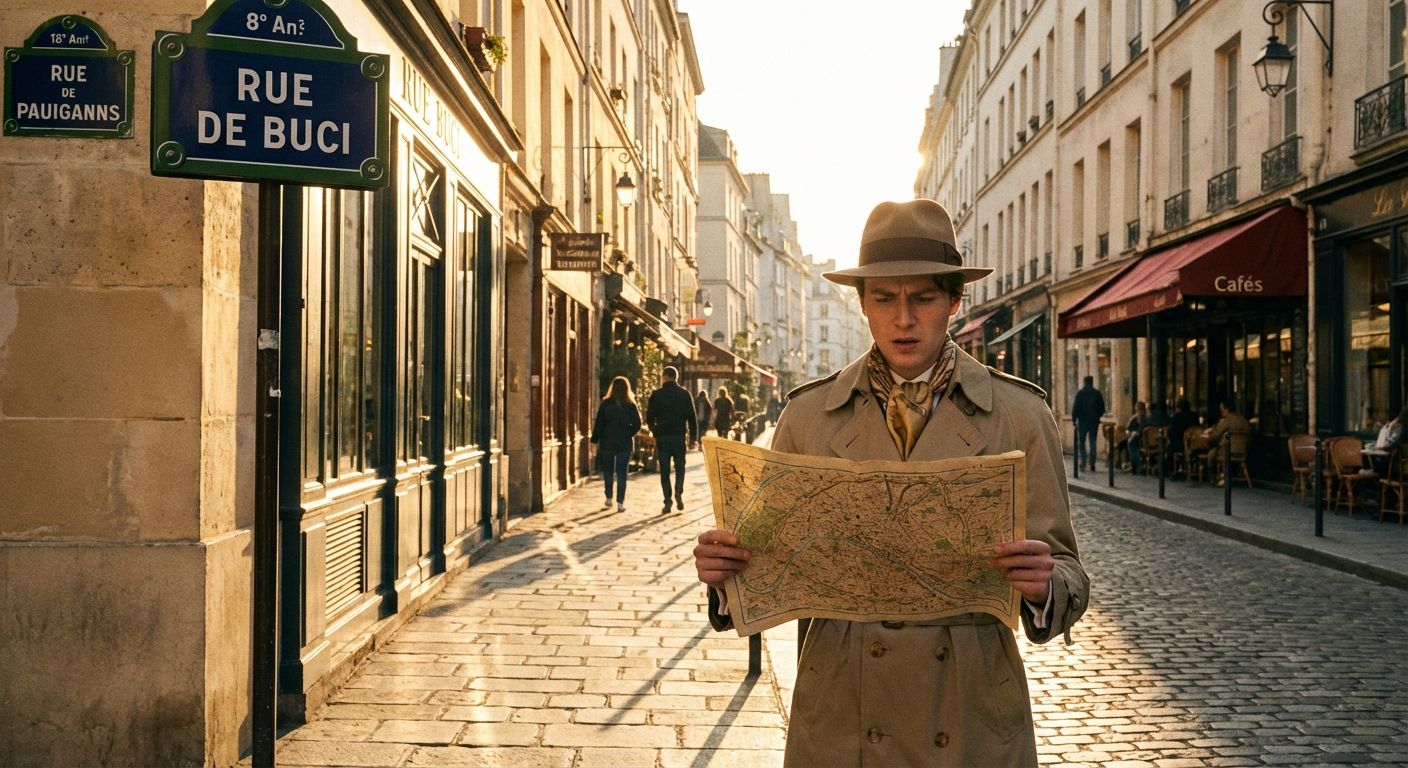 The image captures a street scene reminiscent of old Paris. It features a man, dressed in a tan trench coat and fedora, holding an old map. He stands in the middle of a cobblestone street, his face expressing confusion or concentration as he studies the map.

The color palette is warm, dominated by earthy tones of beige, tan, and brown, reflecting the architecture and lighting. The street is lined with tall buildings, some featuring cafes with red awnings. The perspective draws the eye down the street, towards a bright light at the end, creating a sense of depth. Street signs with the names of the streets are present.