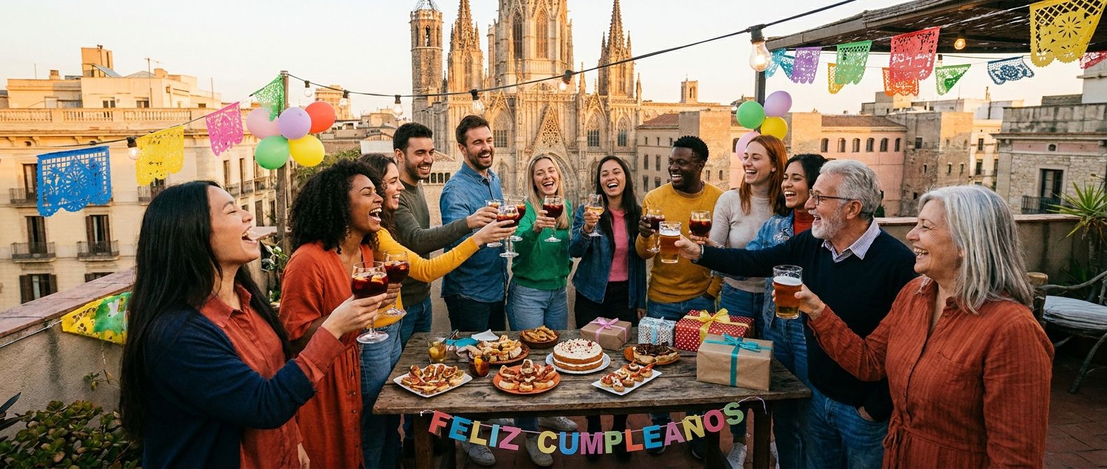 A vibrant, wide-angle photograph of a diverse group of friends laughing and toasting with drinks at an outdoor terrace party in a Spanish city, bathed in warm evening light. There are colorful decorations and small gifts on a nearby table, capturing the essence of a lively "fiesta" or "cumpleaños".