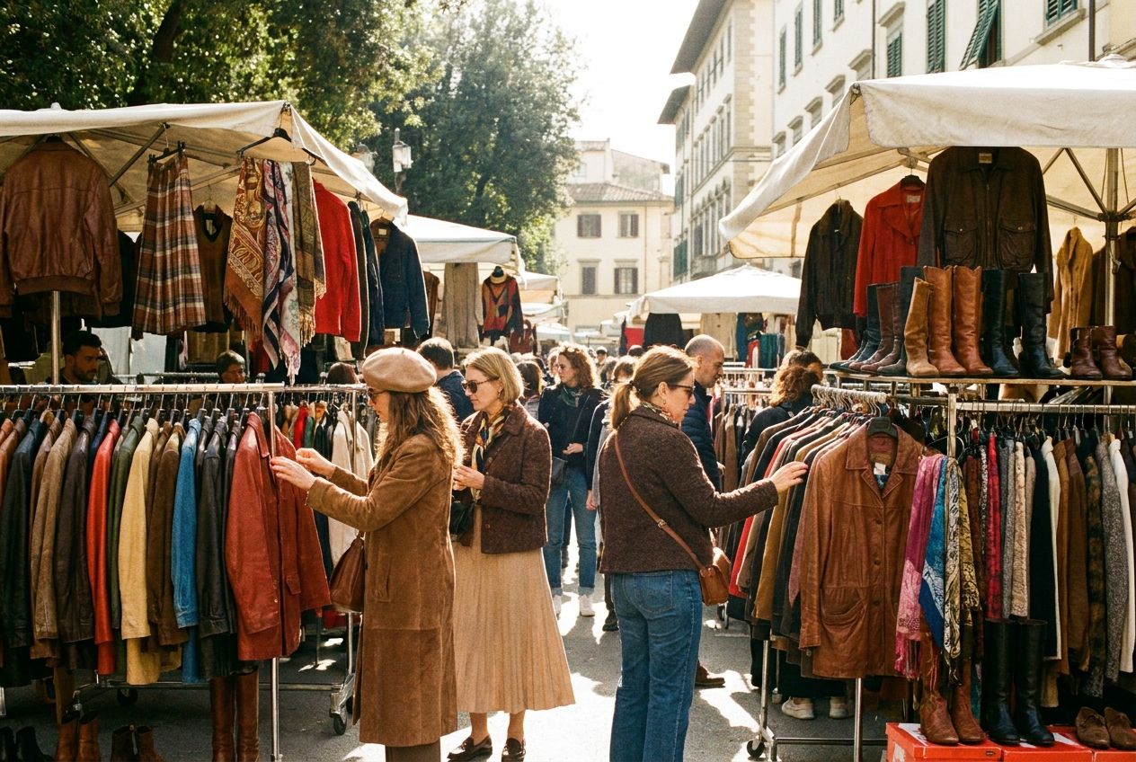 A vibrant, sun-drenched photograph of an outdoor Italian vintage clothing market. Stylish shoppers browse through racks filled with colorful jackets, skirts, scarves, and boots, highlighting rich textures like cotton, wool, and leather. The scene captures a lively, authentic atmosphere, composed for a 3:2 landscape frame.