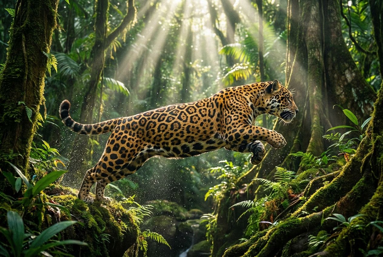 A powerful jaguar mid-leap through a lush, sun-dappled rainforest, its muscles taut and body extended, capturing a moment of intense energy and vitality. The scene is illuminated by dramatic natural light filtering through the canopy, emphasizing the vibrant green foliage and the animal's sleek coat. This is a vivid, striking photograph composed for a 3:2 landscape frame.