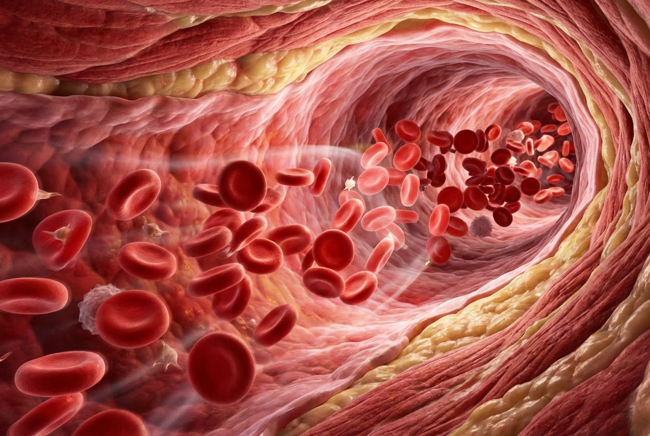 A macro photograph of red blood cells flowing through a healthy artery, illuminated to show the intricate details of the blood vessel walls and the cells' movement.