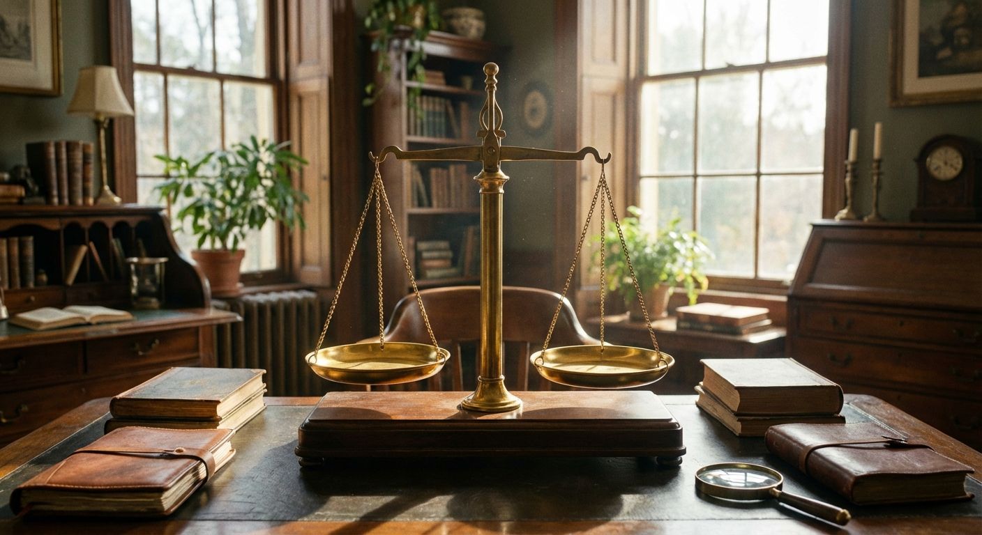 A professional photograph of a vintage brass balance scale sitting on a dark wooden desk in a sunlit study. The two golden plates are perfectly level, capturing a moment of absolute equilibrium and connection between two sides.