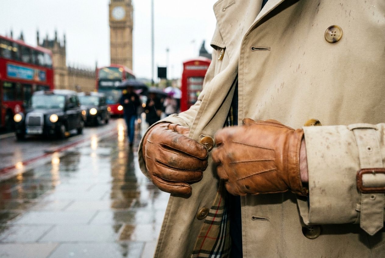 A dynamic, close-up photograph of a person's hands as they swiftly button up a classic British trench coat, with a vibrant, blurred background of a bustling London street scene. The focus is on the intricate action of dressing, evoking daily routines and British style, composed for a 3:2 landscape frame.