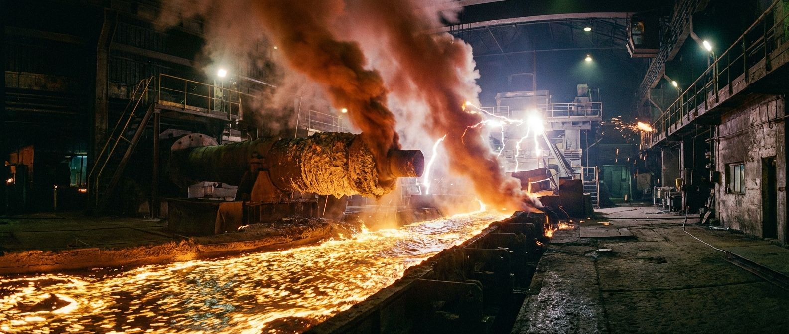 A dramatic, wide-angle photograph of molten lead, shimmering and flowing, with reddish-brown bromine gas distinctly rising from a nearby electrode. Bright, energetic light illuminates the chemical transformation in a dark, industrial setting.