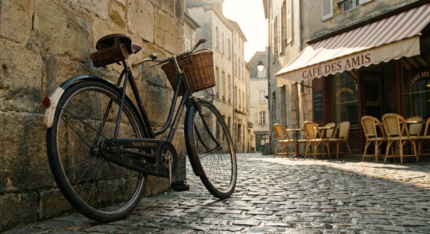 A cinematic, low-angle photograph of a vintage bicycle leaning against a weathered stone wall on a sun-drenched cobblestone street in a historic French neighborhood. Soft morning light filters through the buildings, casting long shadows across a nearby café with classic wicker chairs.