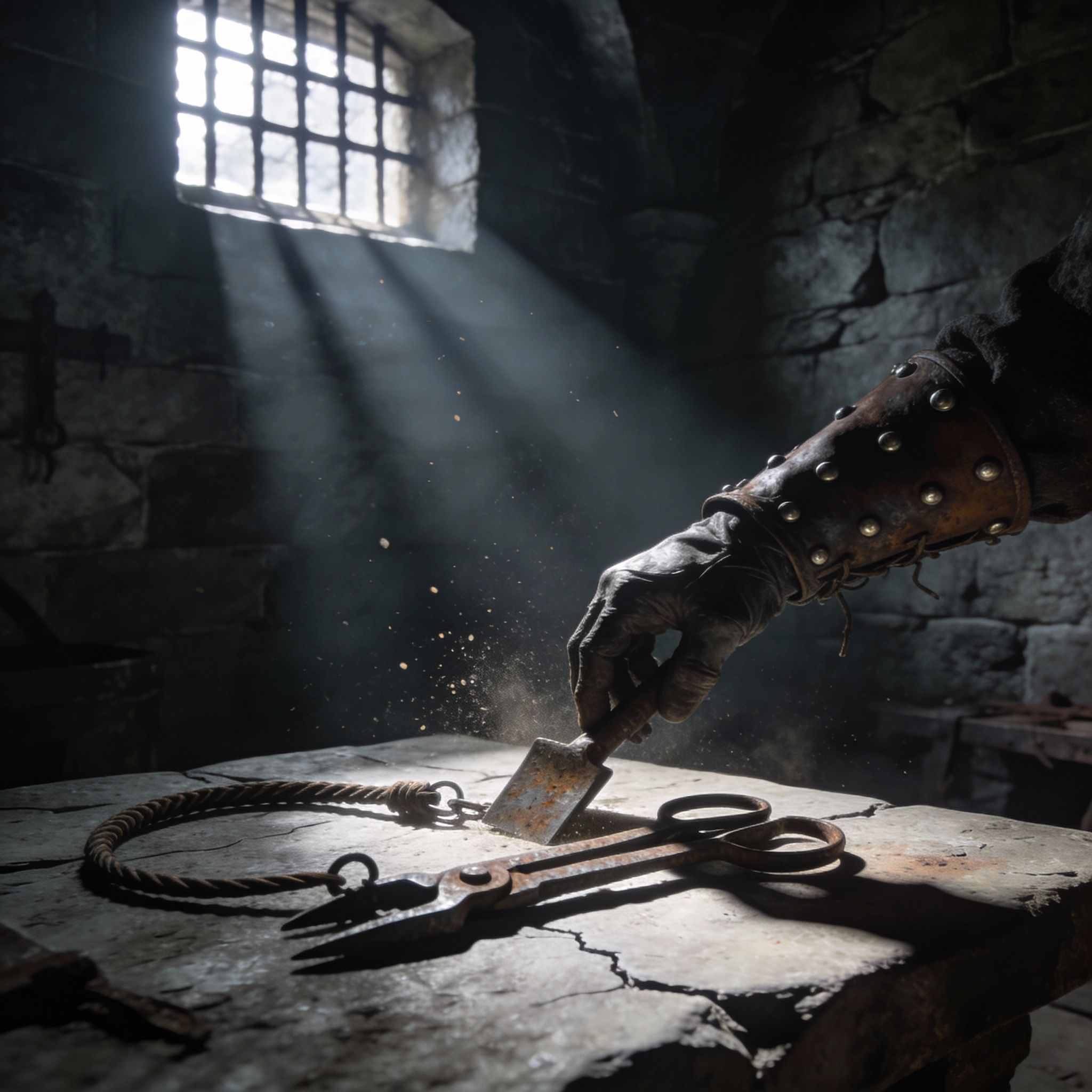 A dimly lit medieval dungeon scene. A gauntleted hand reaches to pick up torture implements on a stone table. Light streams in from a barred window high above.
