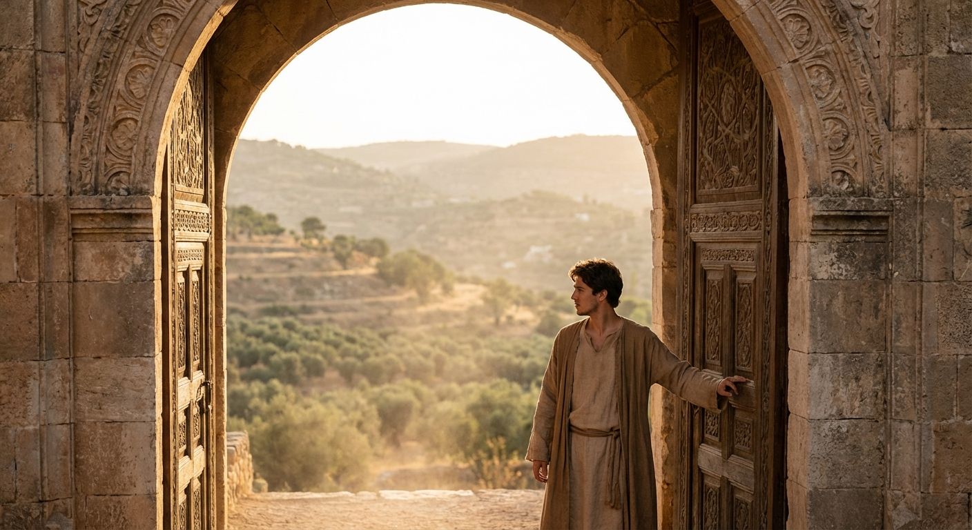 A serene, dramatic photograph of a young man with a contemplative expression, dressed in simple, flowing robes, standing at the threshold of a grand, ancient palace gate. He is looking out towards a sun-drenched, tranquil landscape with lush greenery, hinting at the world beyond the palace walls and the beginning of a profound spiritual journey. The light is soft and golden, emphasizing a moment of transition.