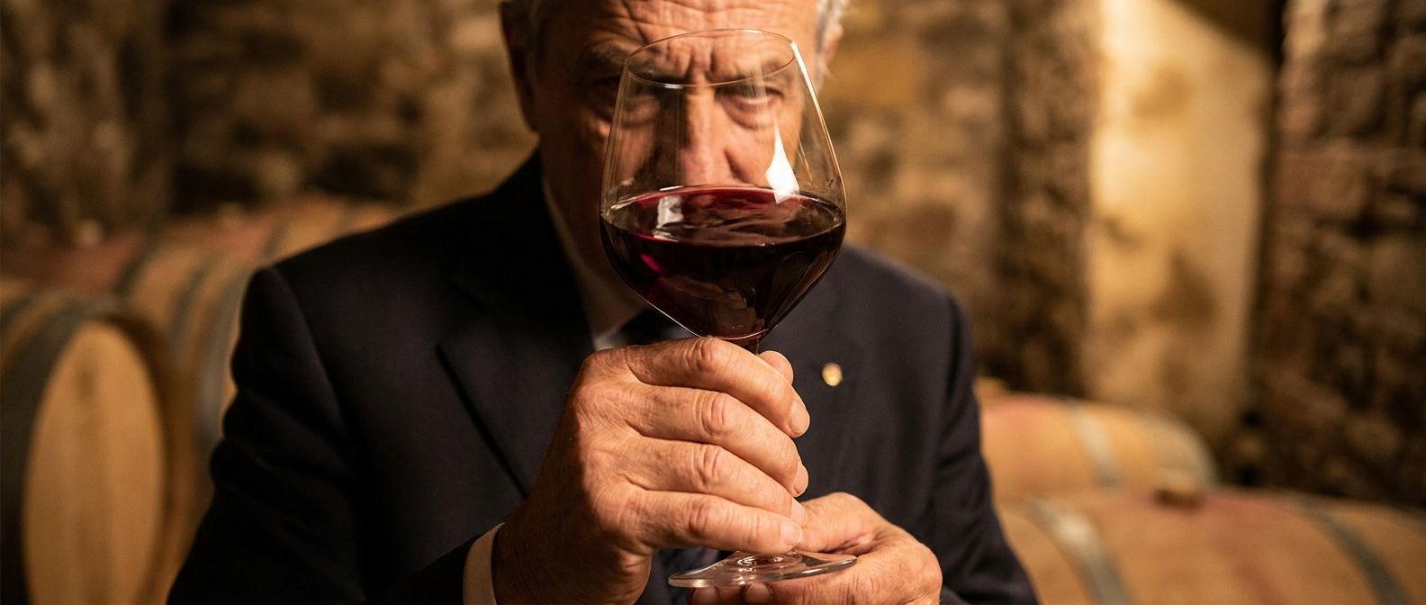 A dramatic close-up photograph of an Italian sommelier's hands, elegantly holding and swirling a glass of rich red wine, with a focused expression on their face partially visible, as they meticulously assess its nuances. The scene, bathed in soft, warm light, evokes expert judgment and reasoned opinion, composed for a wide, horizontal frame.