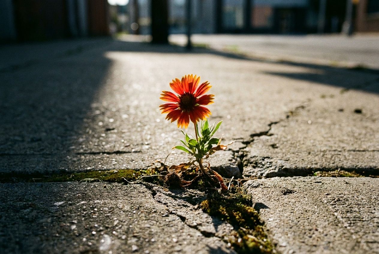 A dramatic, low-angle photograph captures a single, resilient wild flower with vivid petals, pushing forcefully through a crack in a weathered concrete sidewalk. The scene is bathed in strong, contrasting sunlight and deep shadows, emphasizing tenacity and survival against an unyielding environment, composed for a 3:2 landscape frame.