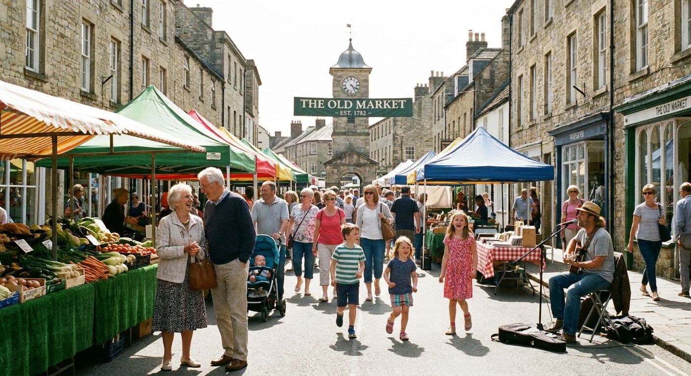 A vibrant, candid photograph of a busy street market in a charming British town. People of diverse ages are seen conversing, laughing, and going about their daily routines, creating a lively atmosphere. The scene is filled with natural light, capturing the everyday interactions and varied activities of local life.