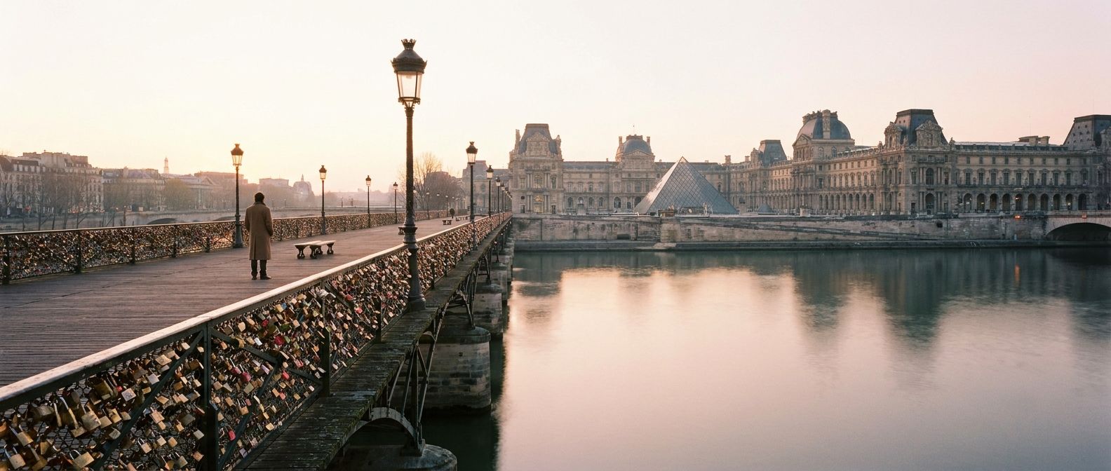 A wide-angle photograph capturing a solitary figure standing on a deserted Pont des Arts in Paris at dawn, gazing across the tranquil Seine River towards the Louvre. The iconic bridge, adorned with its love locks, is bathed in soft, ethereal light, emphasizing the profound quietude and the absence of other people or activity.