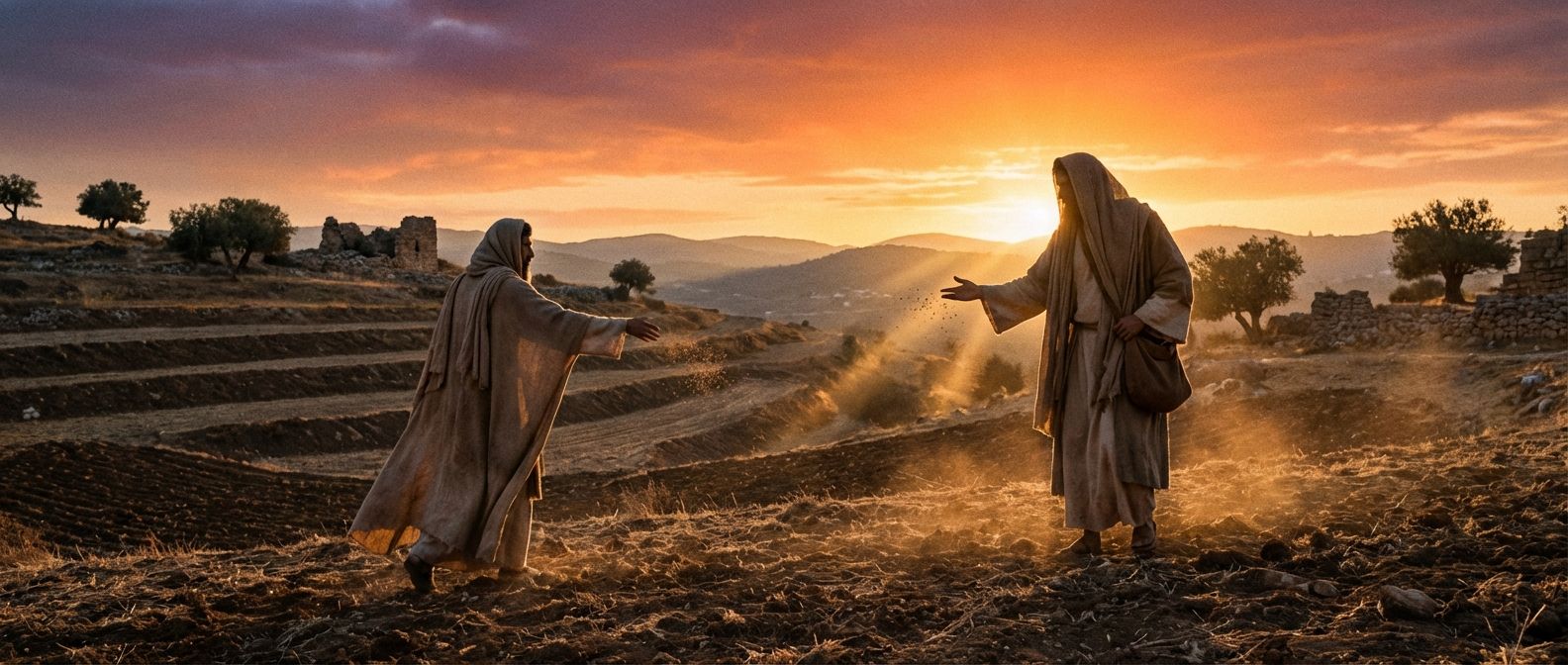 A wide-angle photograph of a lone figure in ancient robes, silhouetted against a dramatic sunrise over a rocky, arid Judean landscape, scattering seeds across a field. Warm, golden light illuminates the horizon, evoking a sense of timeless teaching and the planting of profound truths.