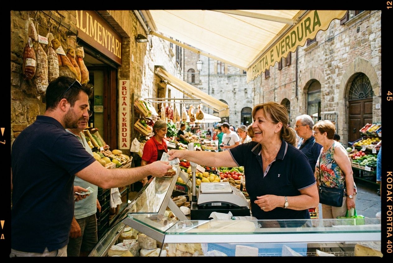 A vibrant, mid-distance photograph captures a friendly interaction between a customer and a cashier at a charming Italian market stall or small shop. The customer is in the process of paying, either handing over cash or tapping a card, while the cashier smiles warmly. Sunlight filters into the detailed, authentic Italian setting, creating a lively and inviting atmosphere, composed for a 3:2 landscape frame.