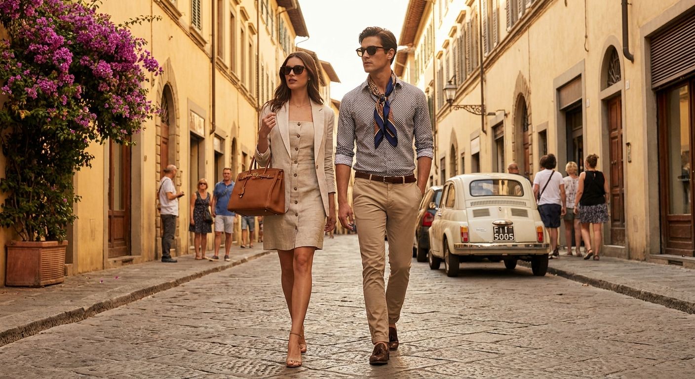 A stylish young Italian woman and man walk confidently down a beautiful, sun-drenched street in Florence, showcasing elegant Italian fashion. She wears a chic dress, a light jacket, and carries a fashionable handbag, while he wears smart trousers, a shirt, and a stylish scarf, all captured in a vivid, high-fashion photograph.