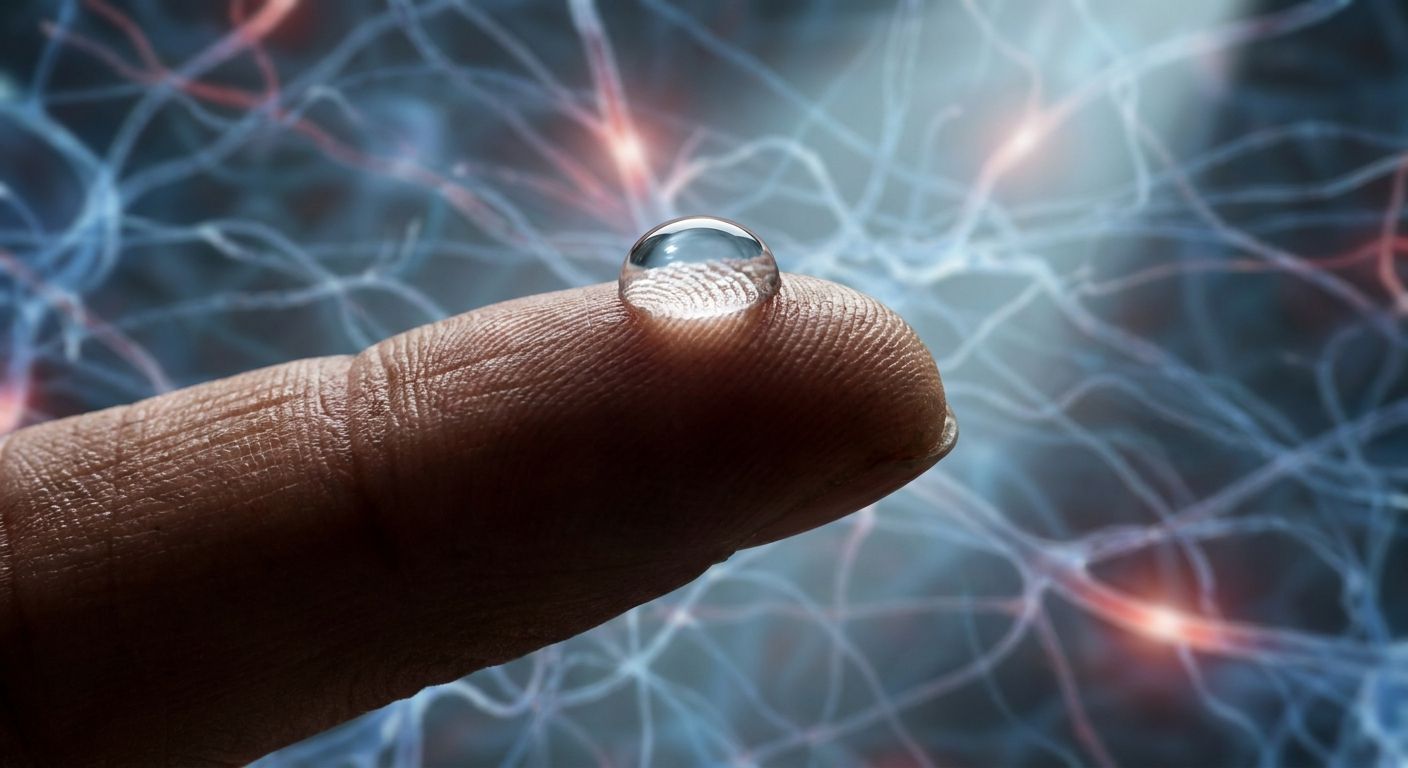A dramatic, close-up photograph of a human hand delicately balancing a single, perfect droplet of water on a fingertip. In the softly blurred background, intricate, subtle patterns resembling neural networks or vascular systems are faintly visible, emphasizing the body's precise internal regulation and equilibrium.