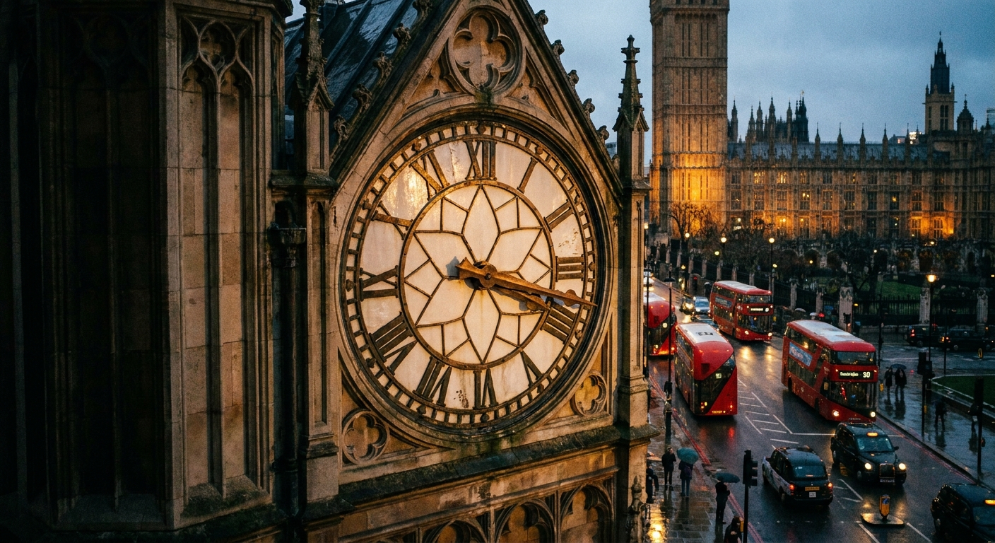 A dramatic, close-up photograph of a grand, ornate clock face on a historic British building, its hands clearly indicating "half past three". The scene is captured at dusk, with warm streetlights just beginning to illuminate the background of a bustling London street.