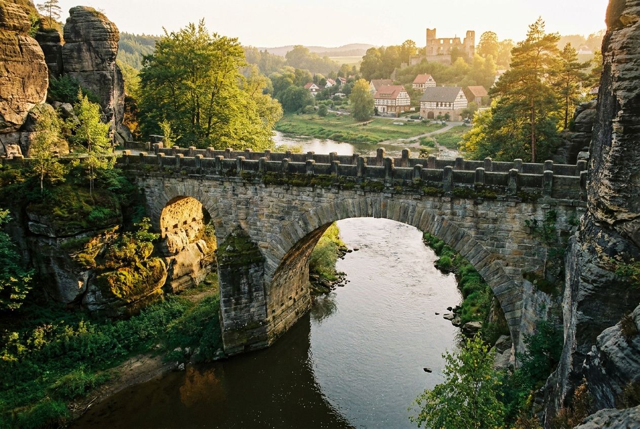 A wide-angle, atmospheric photograph of a majestic, ancient stone bridge arching gracefully over a tranquil river in a picturesque German landscape, bathed in golden hour light. The bridge's robust structure elegantly connects the two riverbanks, with lush greenery and distant quaint buildings softly illuminated, composed for a 3:2 landscape frame.
