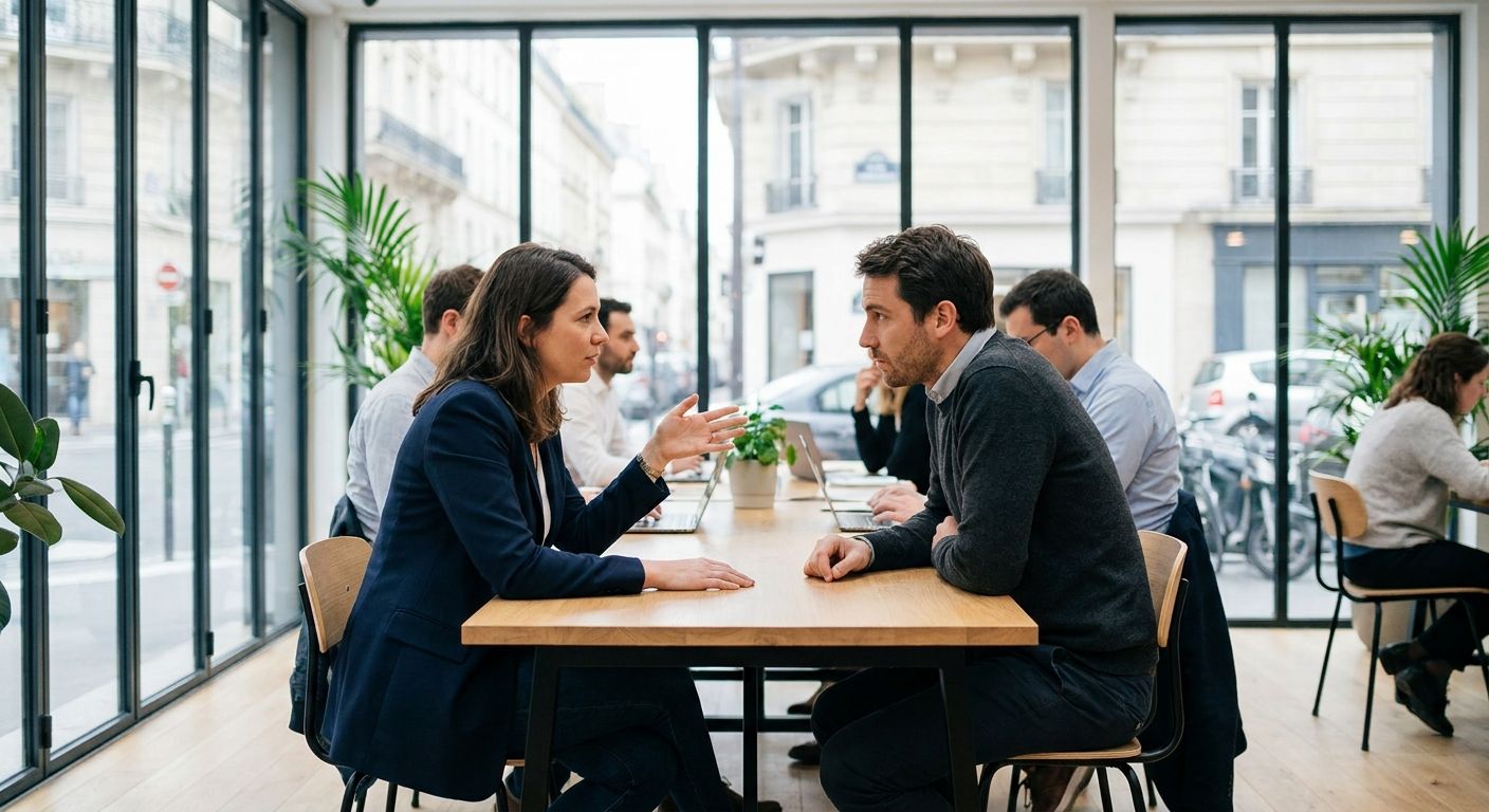 A candid, cinematic photograph of two professionals engaged in a dynamic spoken interview in a modern French office setting. One person is asking a question with an open, inviting gesture, while the other listens intently, poised to respond. The scene captures a moment of active communication and professional interaction, illuminated by soft natural light, composed as a mid-shot.