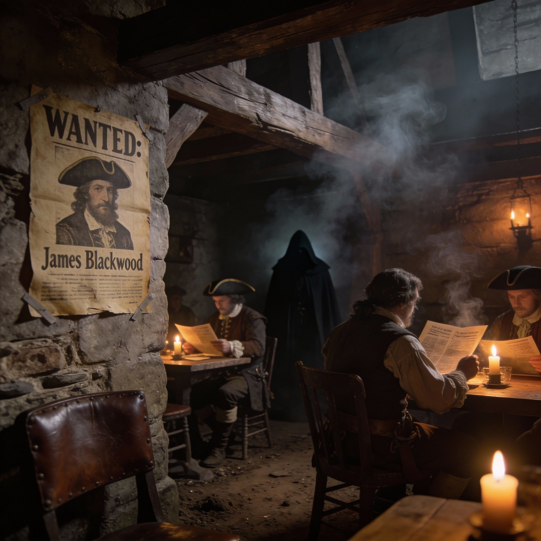 A dimly lit, smoky tavern scene in 17th century London, with patrons reading pamphlets by candlelight, a wanted poster tacked to a wall, and a shadowy figure lurking in a corner.