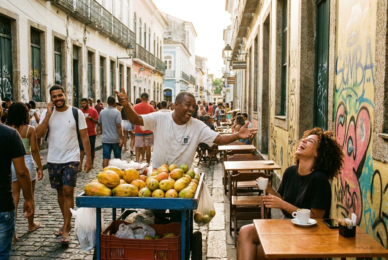 A vibrant, sun-drenched photograph of a bustling street in a Brazilian city, capturing diverse people in mid-action. A street vendor is animatedly speaking and gesturing while selling tropical fruit, a person is laughing and drinking coffee at an outdoor cafe table, and another is walking by, engrossed in their phone. The scene is alive with simultaneous, everyday activities, reflecting the energy of Brazil, composed for a 3:2 landscape.