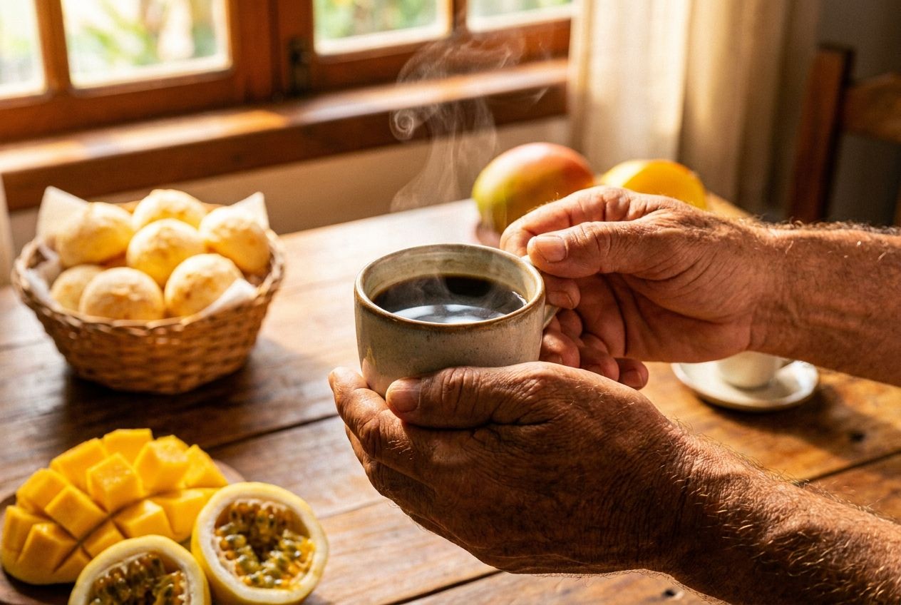A vibrant, close-up photograph of a person's hands holding a cup of rich Brazilian coffee at a sun-drenched breakfast table, with pão de queijo and tropical fruits like mango or passion fruit artfully arranged in the background. Warm morning light streams through a window, creating a cozy and inviting atmosphere, composed for a 3:2 landscape frame.