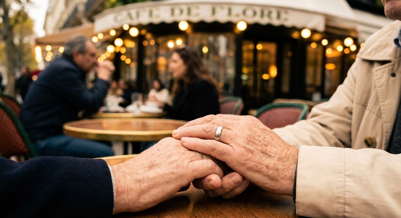 This is a close-up, intimate shot with a warm, soft focus. The subject is an elderly couple holding hands tenderly across a table, with a wedding ring visible on one hand. The scene is set at an outdoor cafe, with the blurred background showing other patrons and a cafe facade with glowing lights. The color palette is warm, with browns, creams, and golds dominating. The composition is focused on the hands, drawing the viewer's attention to the connection between the couple. The style is realistic, capturing the details of age and the moment.