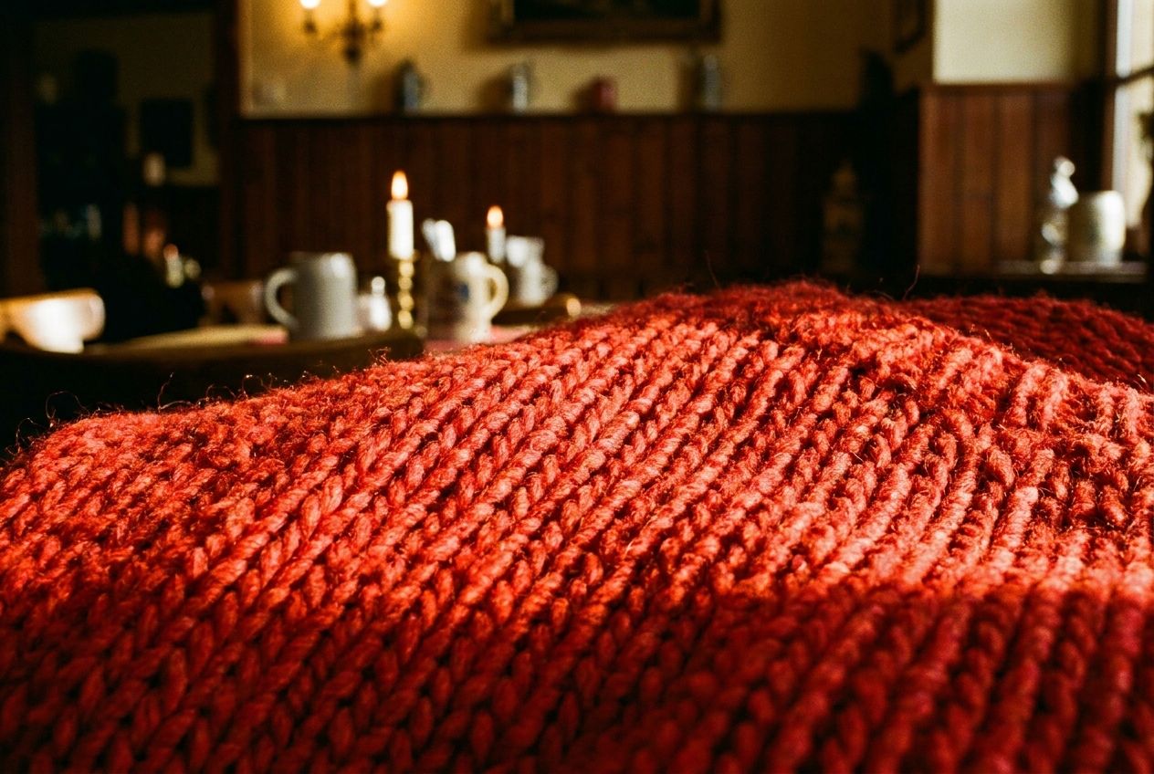 An extreme close-up photograph of a vibrant, richly textured red wool pullover, dramatically lit by a warm, golden light. The background is softly blurred, hinting at a cozy German interior like a traditional cafe or home, composed for a 3:2 landscape frame.