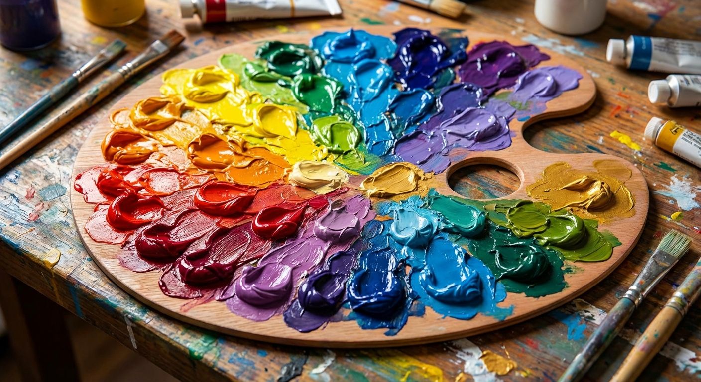 The image is a close-up shot of a wooden artist's palette covered in thick, vibrant oil paints arranged in a rainbow spectrum. The paint is textured and swirled, giving it depth. The palette is surrounded by scattered paint tubes and used paintbrushes, lying on a wooden table splattered with colorful paint stains. The style is realistic and focuses on texture and color. The composition is centered on the palette, with the surrounding objects adding to the artistic atmosphere. The lighting is soft and natural, emphasizing the richness of the colors.