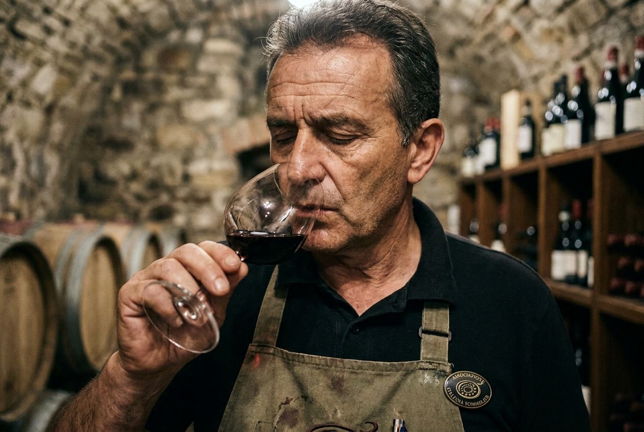 A close-up, dramatic photograph of an Italian sommelier or chef, mid-sip or mid-bite, with a deeply discerning and thoughtful expression, meticulously evaluating the quality of what they are tasting. The background is softly blurred, hinting at an authentic Italian wine cellar or rustic kitchen, composed for a 3:2 landscape frame.