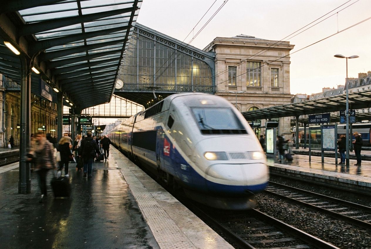 A modern, sleek high-speed train dramatically departing from a bustling platform at a European train station, captured in a dynamic 3:2 landscape photograph. The train's movement is emphasized with subtle motion blur, highlighting its journey and departure into the soft evening light.