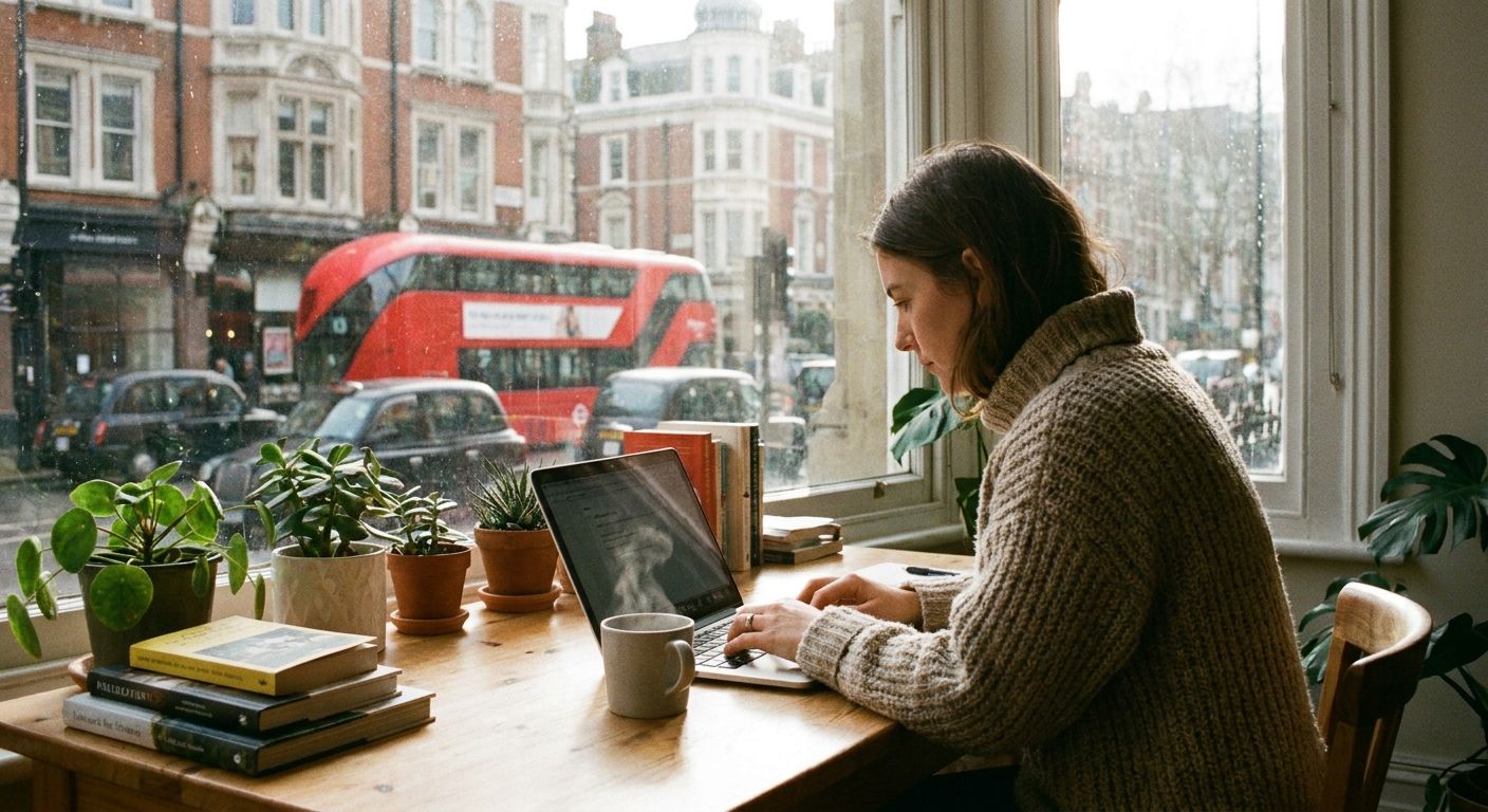 A person is focused on a laptop at a bright, cozy desk in a home office, with soft natural light illuminating the scene. Through a large window in the background, a bustling London street with a red double-decker bus and classic architecture is visible, slightly out of focus, creating a striking contrast between the immediate present action and the implied routine.