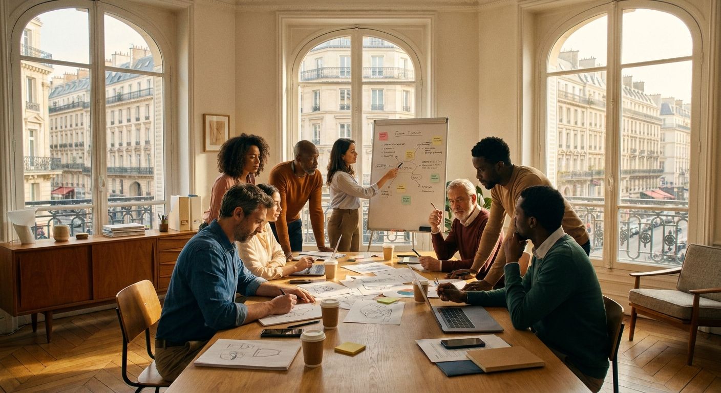 A diverse group of professionals in a contemporary, sunlit French office, intensely focused during a collaborative brainstorming session, with elegant Parisian architecture visible outside the large windows. The scene should convey professionalism and intellectual engagement in a vivid, high-resolution photograph.