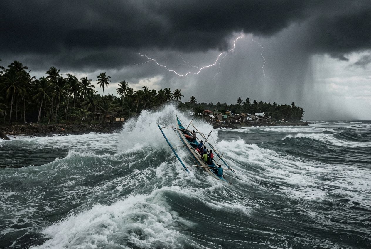 A dramatic wide-angle photograph capturing a traditional Filipino outrigger boat (banca) being tossed by colossal, churning ocean waves under a dark, stormy sky, hinting at an approaching storm surge. The scene emphasizes the raw, overwhelming power of nature with vivid realism, composed for a 3:2 landscape frame.