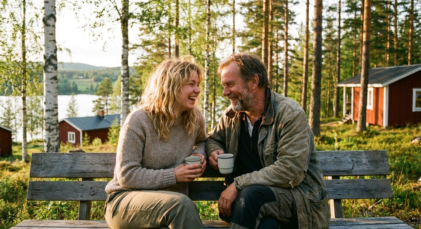 A candid, warm photograph of two people, perhaps a young woman and an older man, sharing a joyful moment and deep conversation in a scenic outdoor setting in Sweden. They are smiling and engaged, conveying connection and presence, with beautiful natural light illuminating the scene.