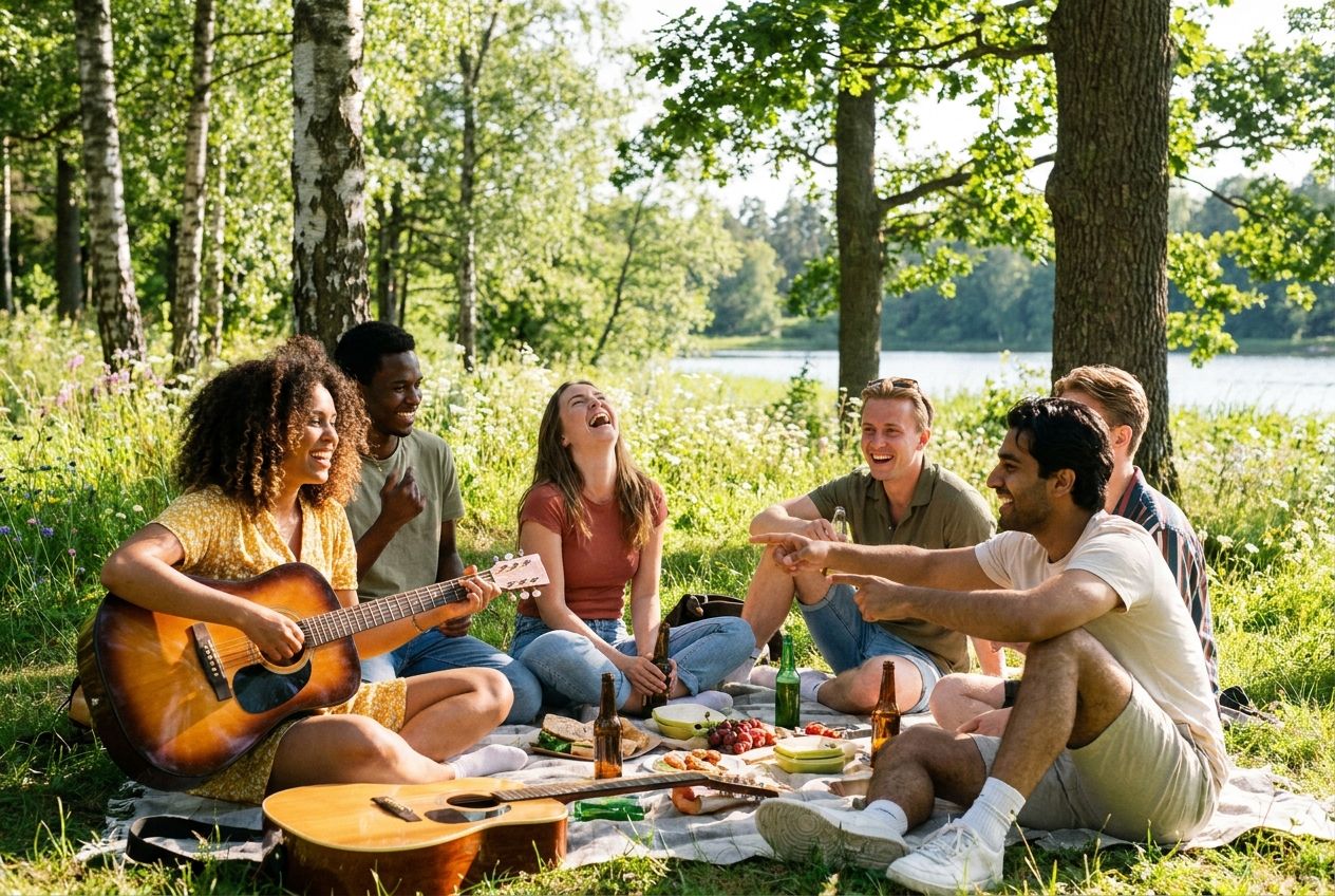 A vibrant, candid photograph of a group of young adults laughing and socializing outdoors in a beautiful Swedish park on a sunny afternoon. One person is playing an acoustic guitar, while others are listening, enjoying a moment of shared leisure and conversation, composed for a 3:2 landscape frame.